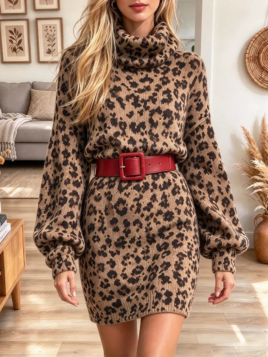 Vintage Chic Leopard Turtleneck Art Casual Knit Stylish Long Sleeve Dress