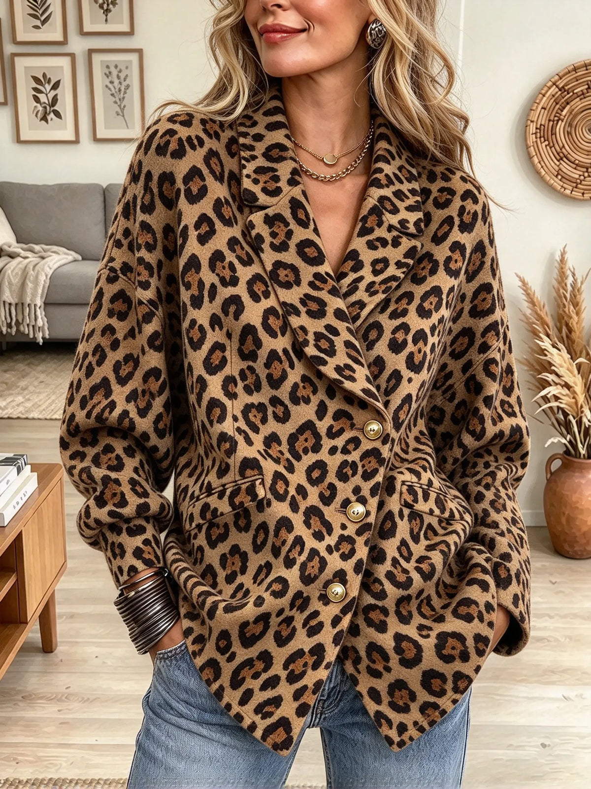 Women's Leopard Jacquard Notched Lapel Blazer