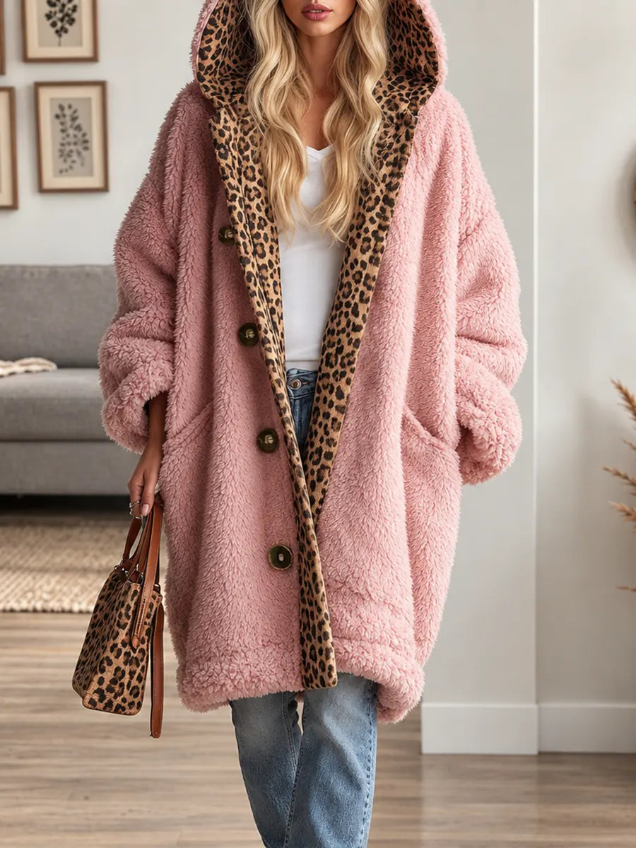 Women's Leopard Print Plush Warm Hooded Long Coat