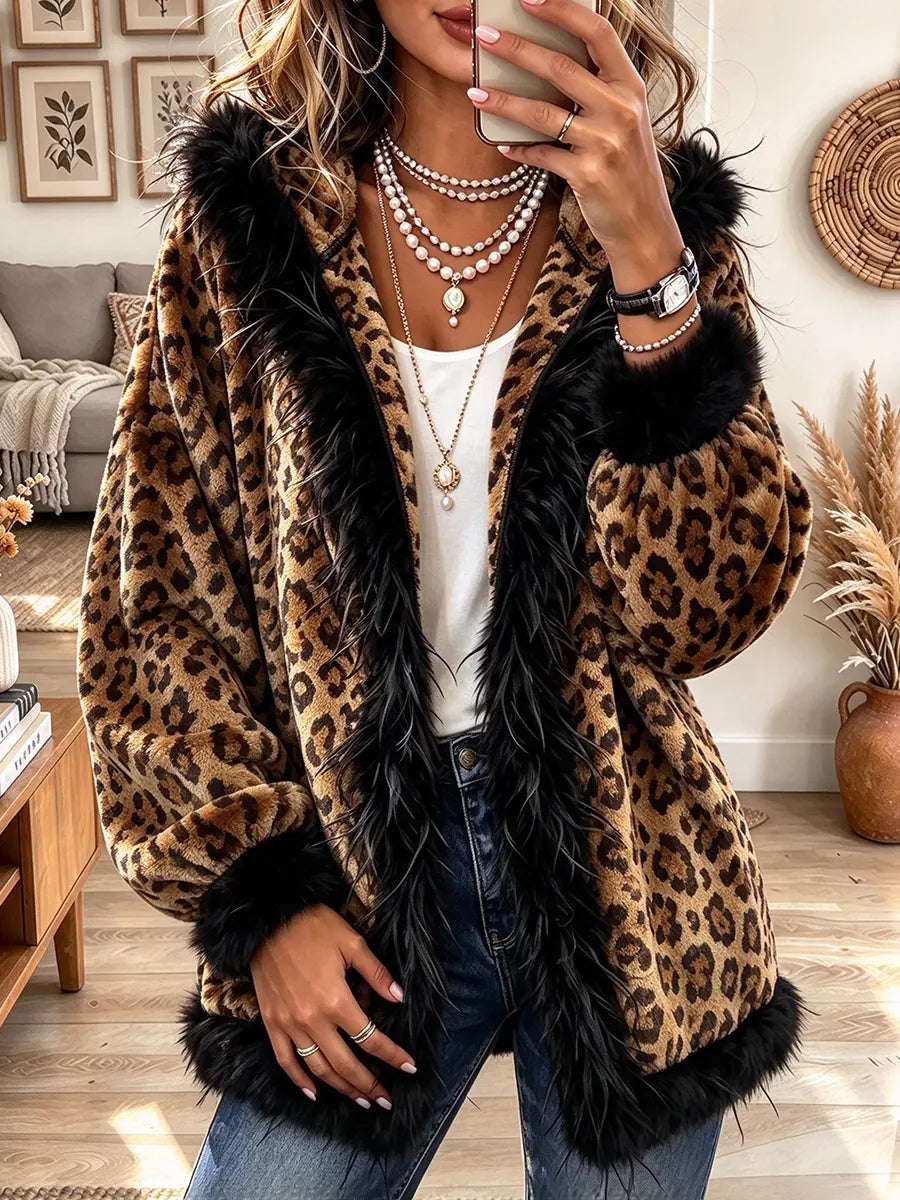 Women's Leopard Print Fleece Hooded Jacket
