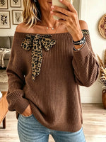 Women's Off-the-Shoulder Leopard Bow Chunky Knit Sweater
