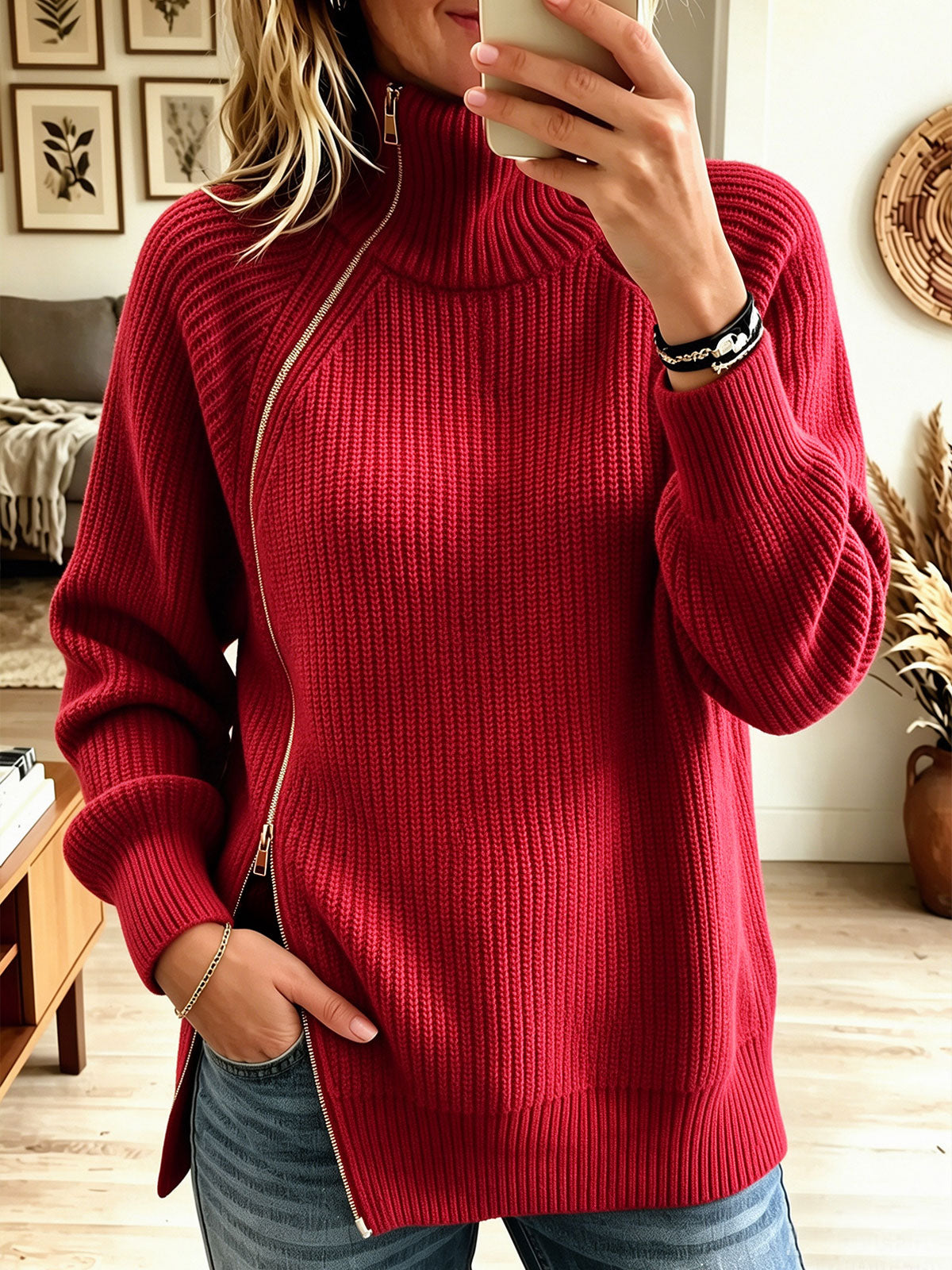 Women's Asymmetric Zip Turtleneck Knit Sweater, Long Sleeve Ribbed Pullover