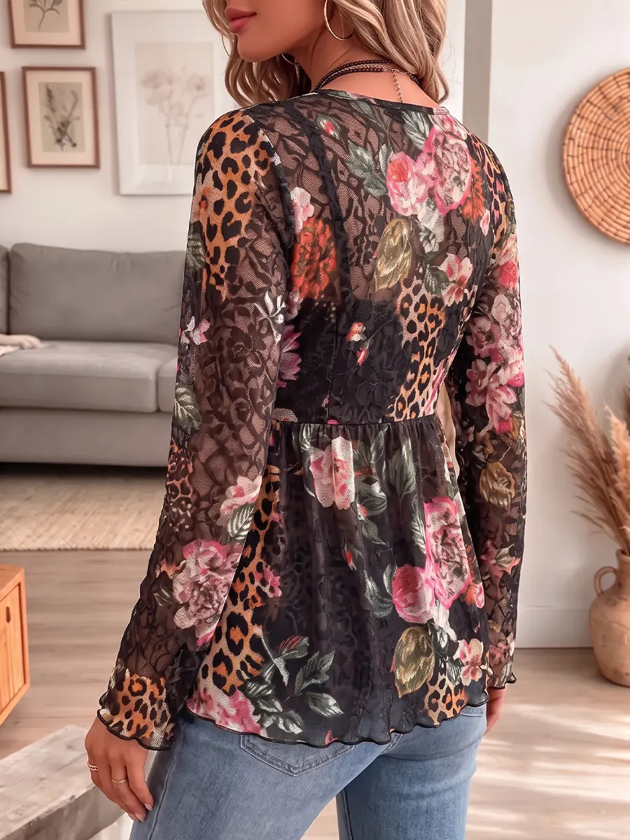 Vintage Elegant Floral Leopard Print Sheer Mesh Shirt