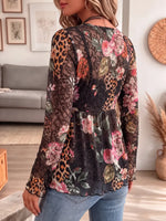 Vintage Elegant Floral Leopard Print Sheer Mesh Shirt