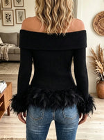 Women's Feather Trim Off-the-Shoulder Button Top
