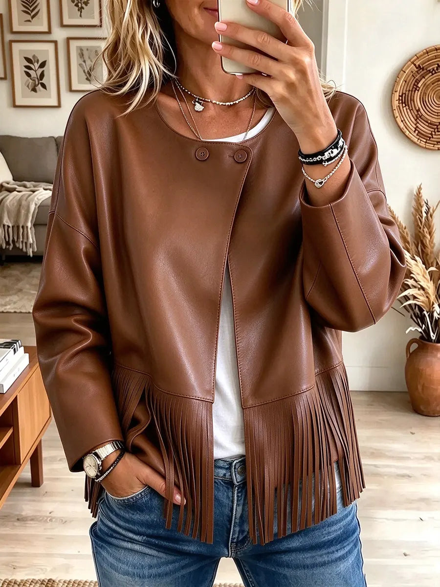 Women's Retro Round Neck Tassel Button Jacket