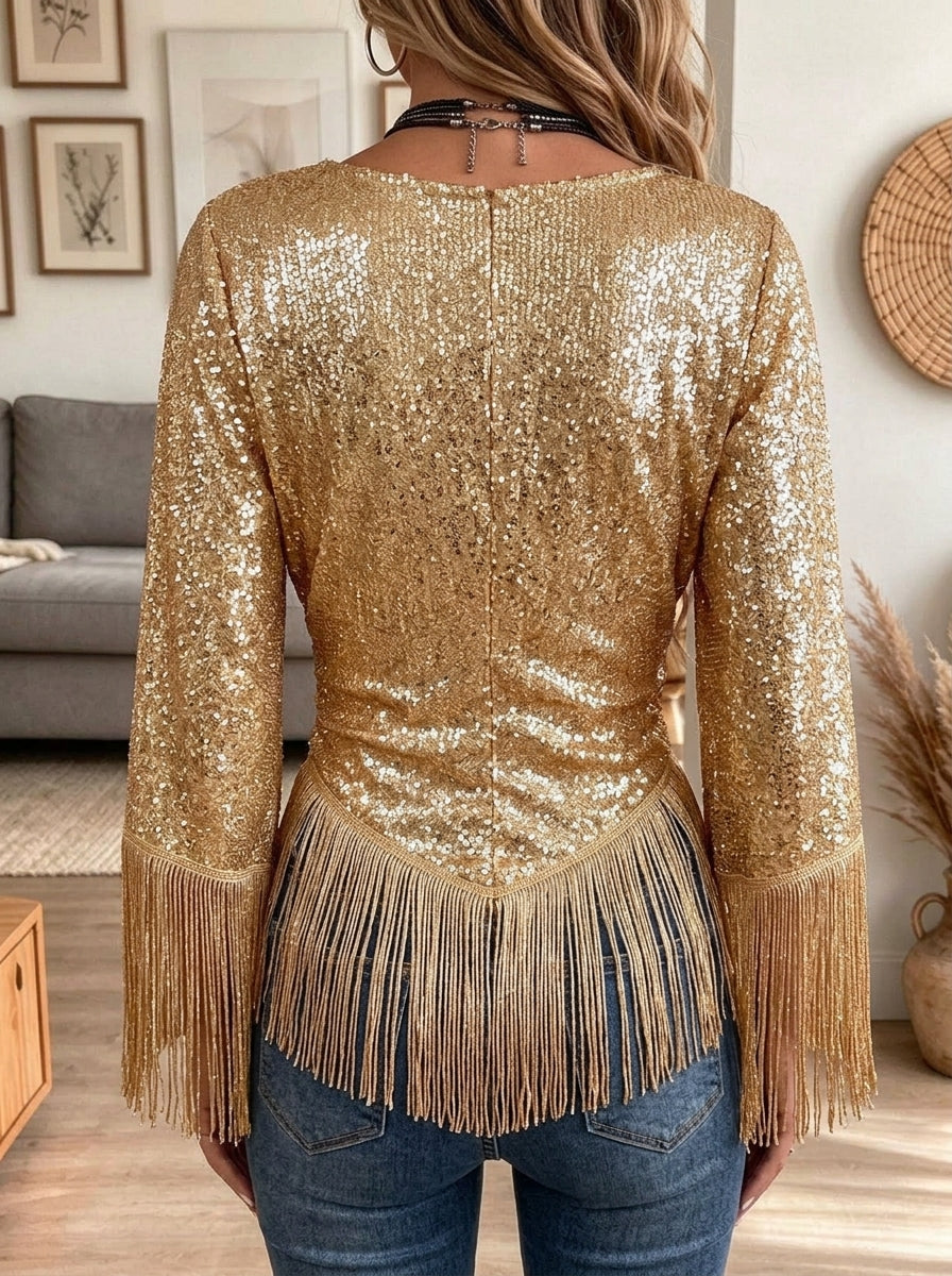 Women Sequin V Neck Fringe Bell Sleeve Top, Waist Cinched Party Blouse