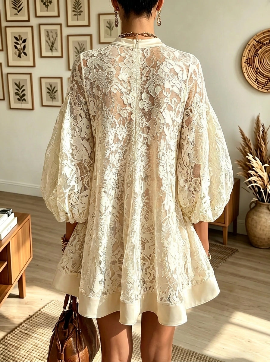 Women's High-Neck Sheer Floral Lace Babydoll Mini Dress