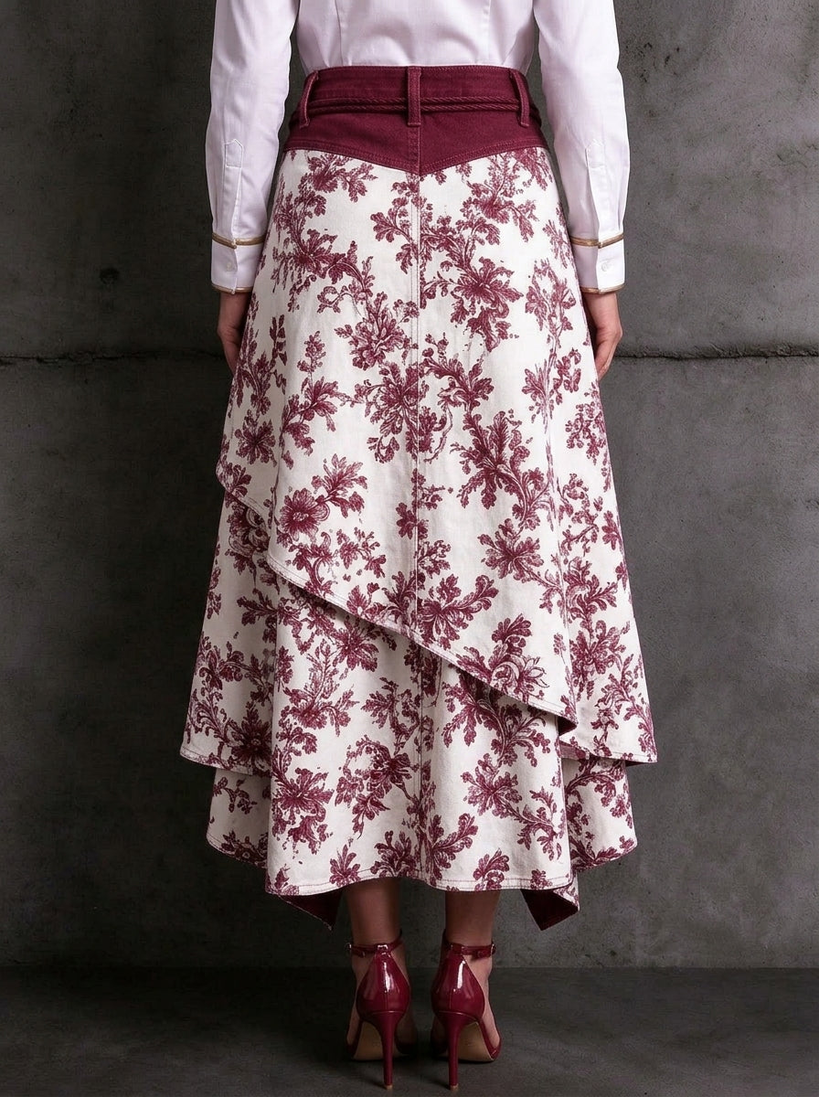 Women Burgundy Floral Print Patchwork Asymmetrical Midi Skirt