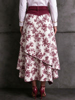Women Burgundy Floral Print Patchwork Asymmetrical Midi Skirt