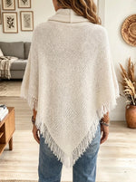 Women's Button Cowl Neck Fringe Knit Poncho