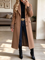 Women's Camel Long Wool Blend Trench Coat with Leopard Print Lining and Cuffs