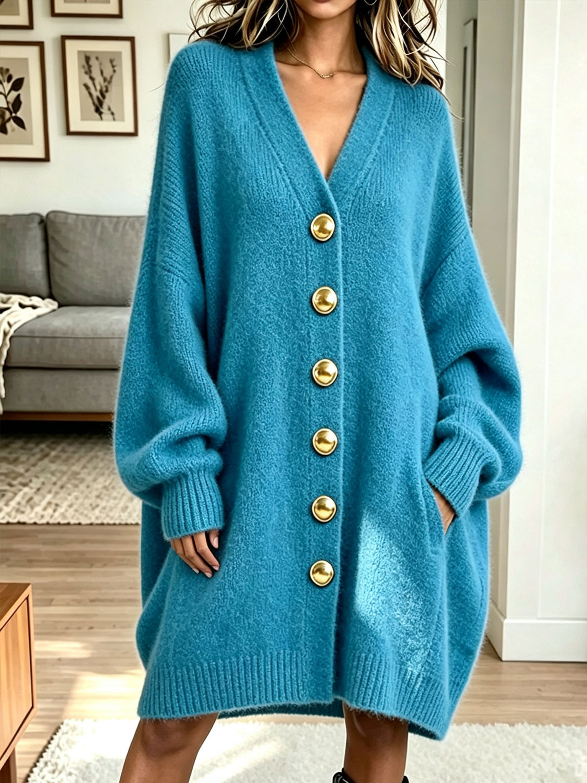 Women Bright Blue Oversized Long Knit Cardigan With Gold Buttons