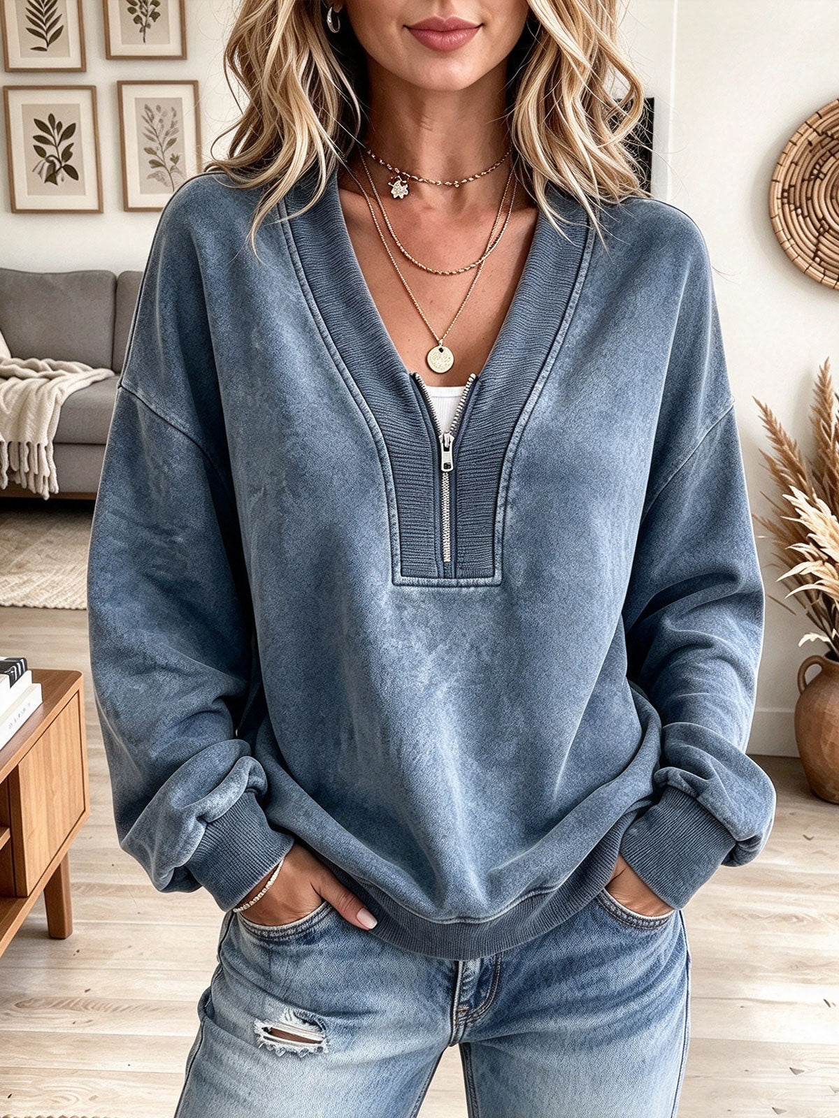 Women's Vintage Blue Mineral Wash V-neck Sweatshirt With Half Zip