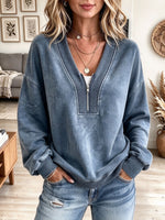 Women's Vintage Blue Mineral Wash V-neck Sweatshirt With Half Zip