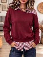 Retro Stripe Patchwork Art Casual Lapel Stylish Long Sleeve Sweatshirt