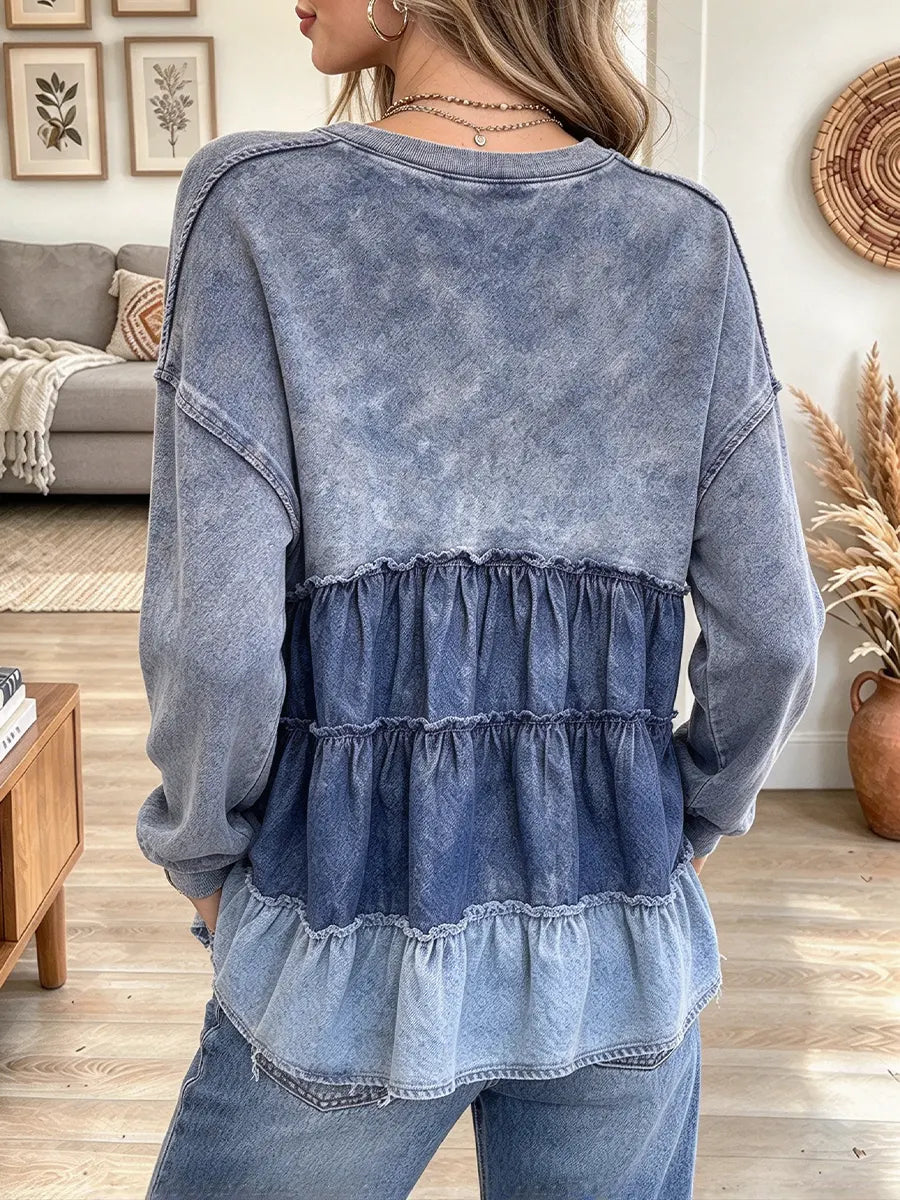 Women's Denim Patchwork Ruffled Crew Neck Long Sleeve Sweatshirt