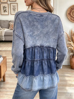 Women's Denim Patchwork Ruffled Crew Neck Long Sleeve Sweatshirt