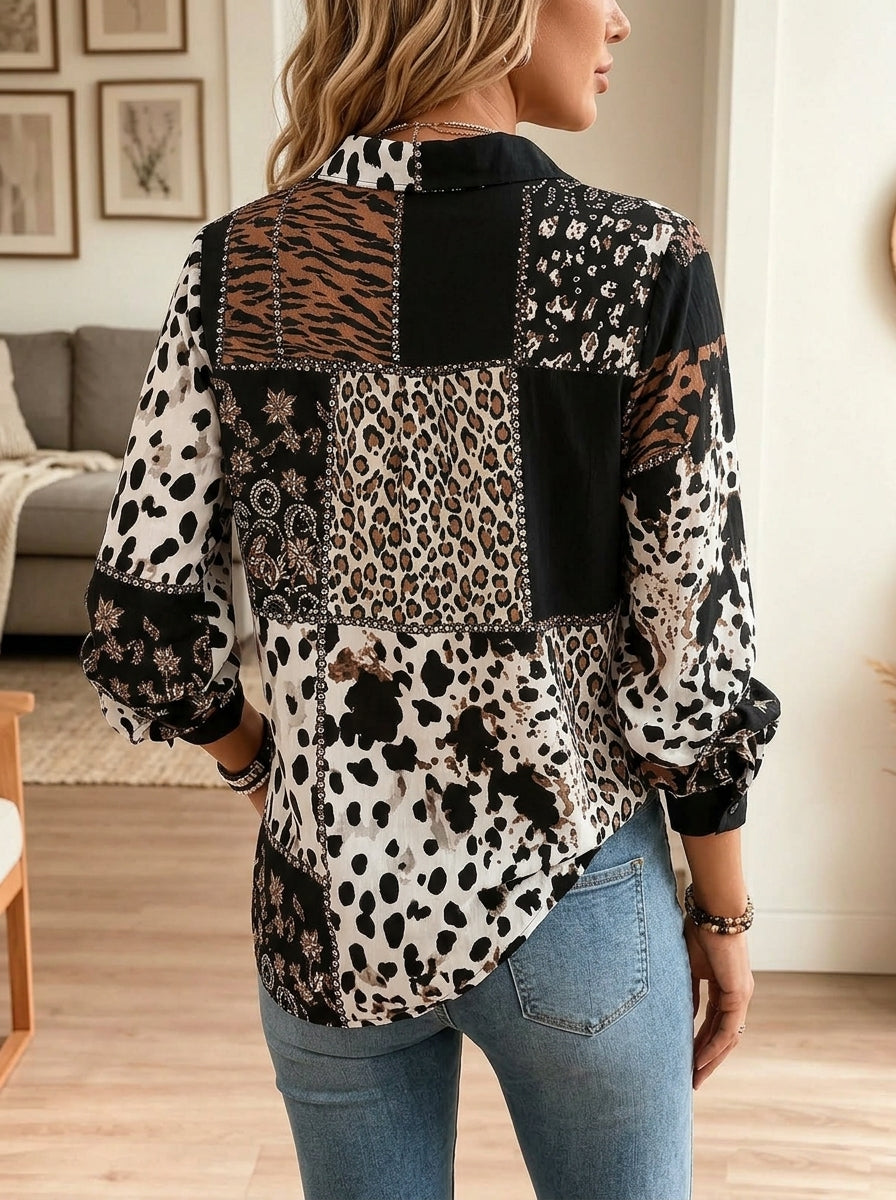 Women Mixed Animal Print Patchwork Button Down Long Sleeve Shirt