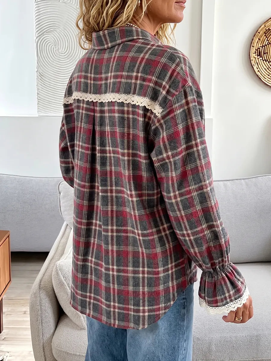 Vintage Elegant Plaid Patchwork Lace Cotton Shirt