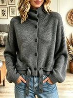 Women's High-Neck Tie-Belt Ribbed Knit Cardigan