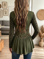 Women V Neck Leopard Patchwork Long Sleeve Peplum Tunic Top