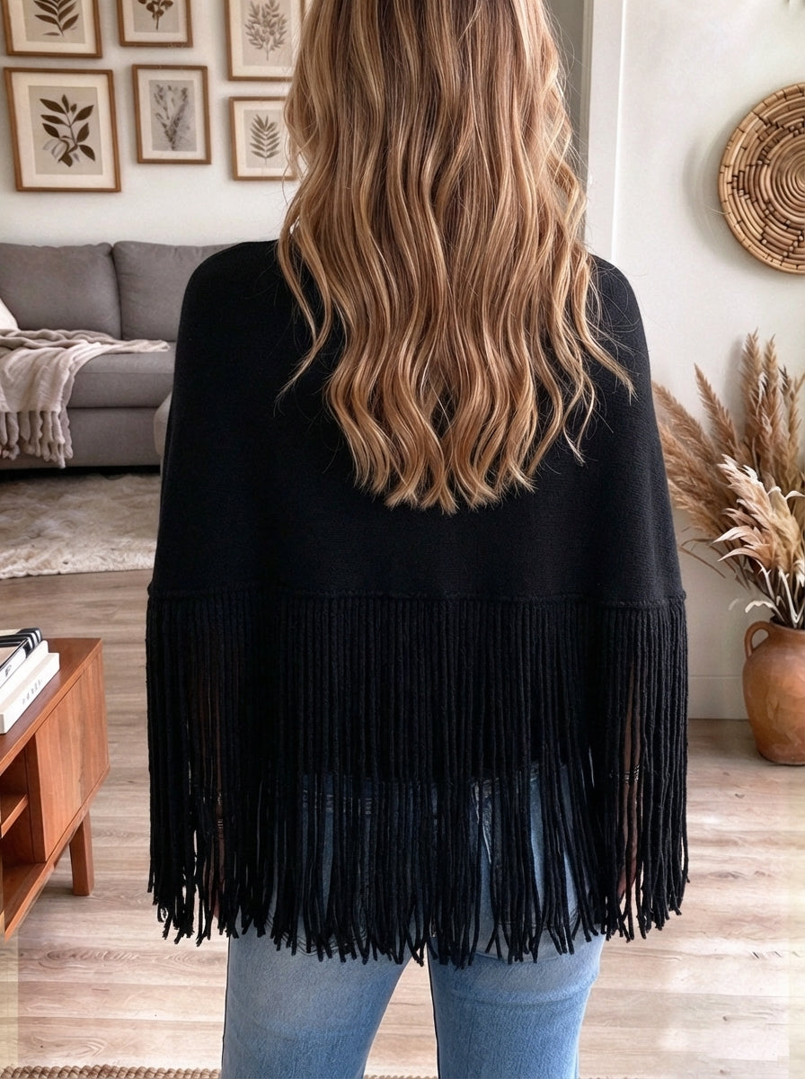 Women's Black Mock Neck Knit Poncho Sweater with Fringe Hem