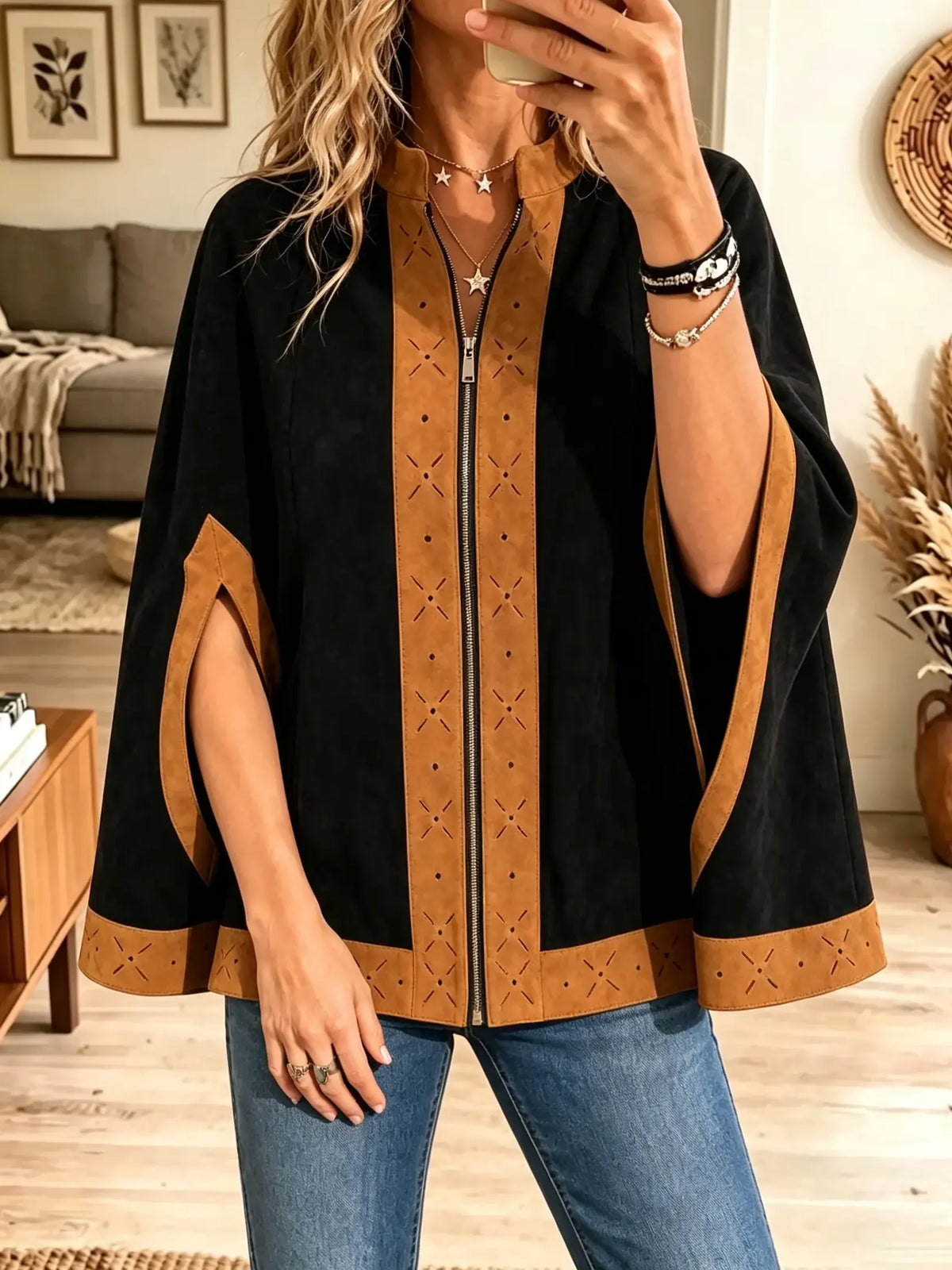 Women's Suede Trim Cutout Embroidered Cape