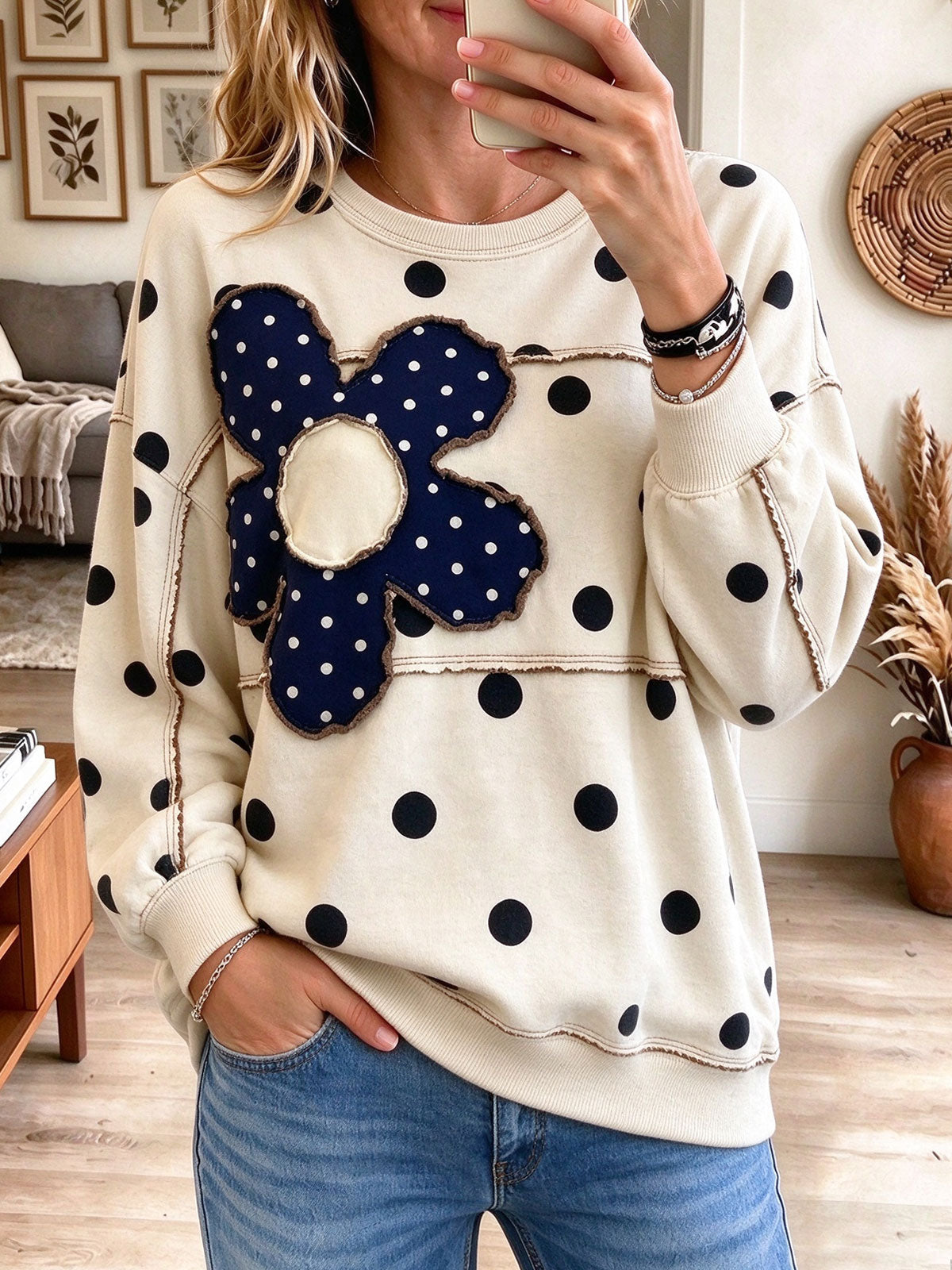 Women's Polka Dot Sweatshirt with Contrast Oversized Floral Applique