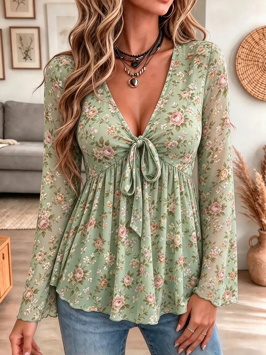 Retro Floral Pattern Art Print Casual Stylish Long Sleeve Mesh V Collar Shirt