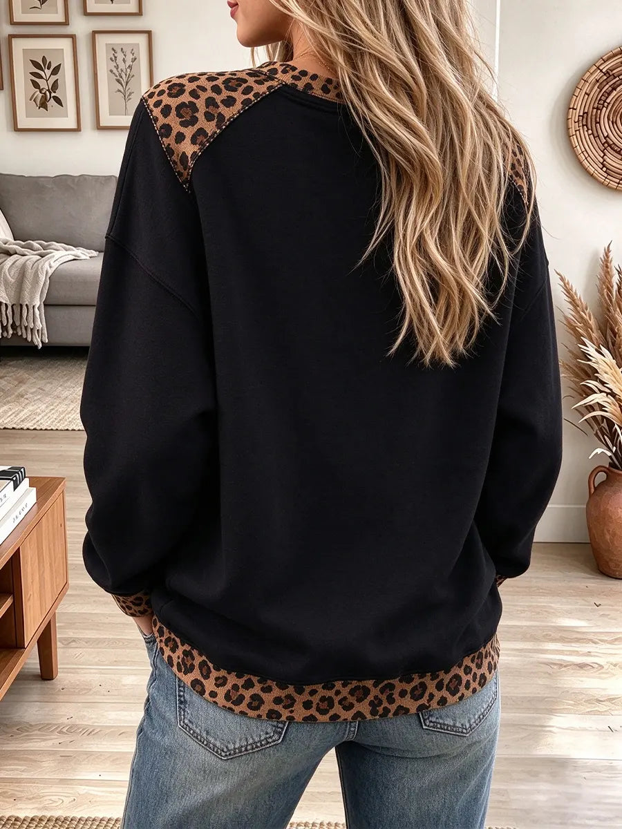 Women's Cute Black Cat With Leopard Print Sweatshirt