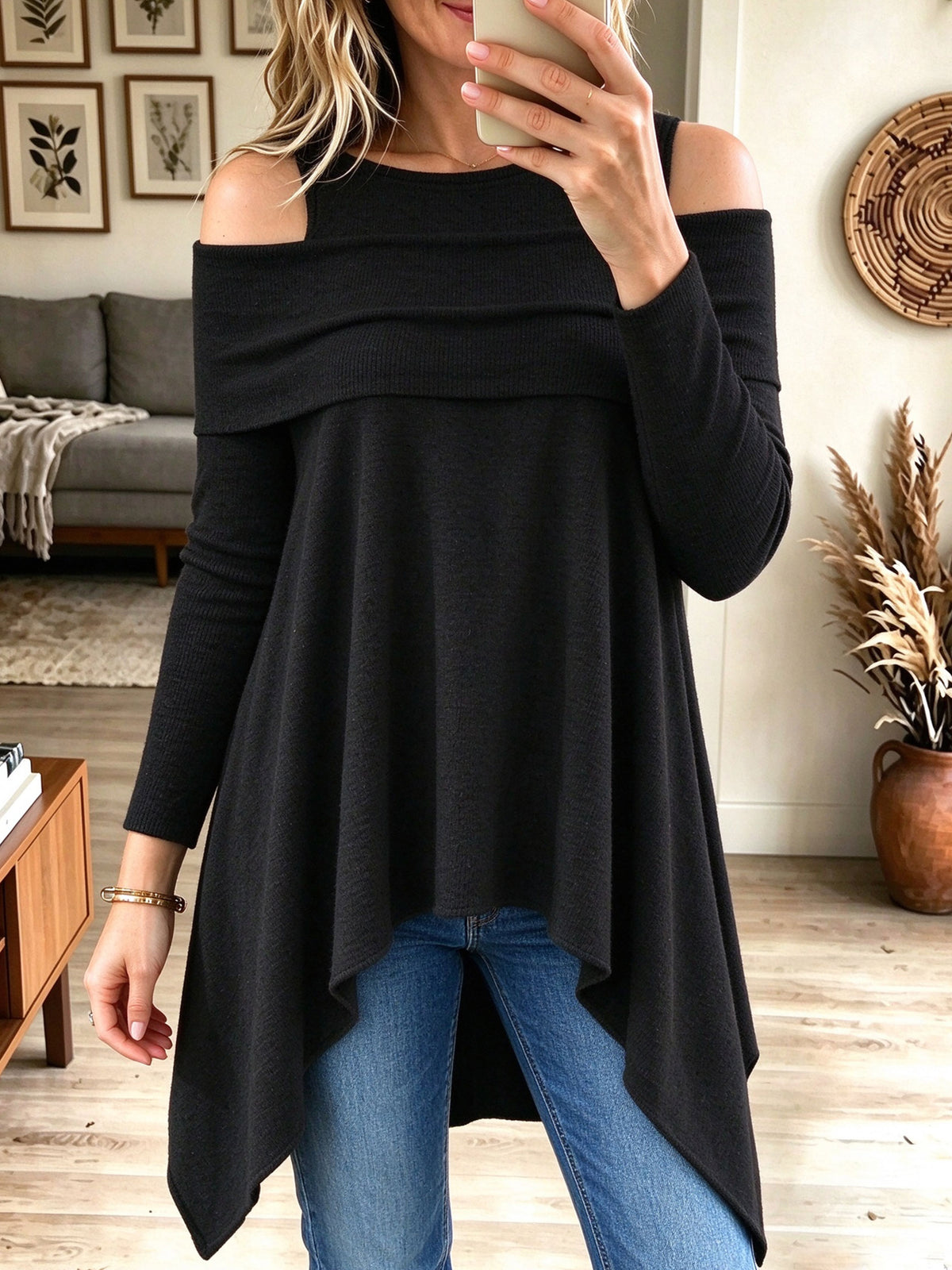 Women's Off Shoulder Long Sleeve Asymmetric Hem Casual Loose Knit Tunic Top