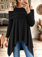 Women's Off Shoulder Long Sleeve Asymmetric Hem Casual Loose Knit Tunic Top