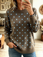 Women's Polka Dot Knit Sweater, Crew Neck Long Sleeve Loose Fit Pullover