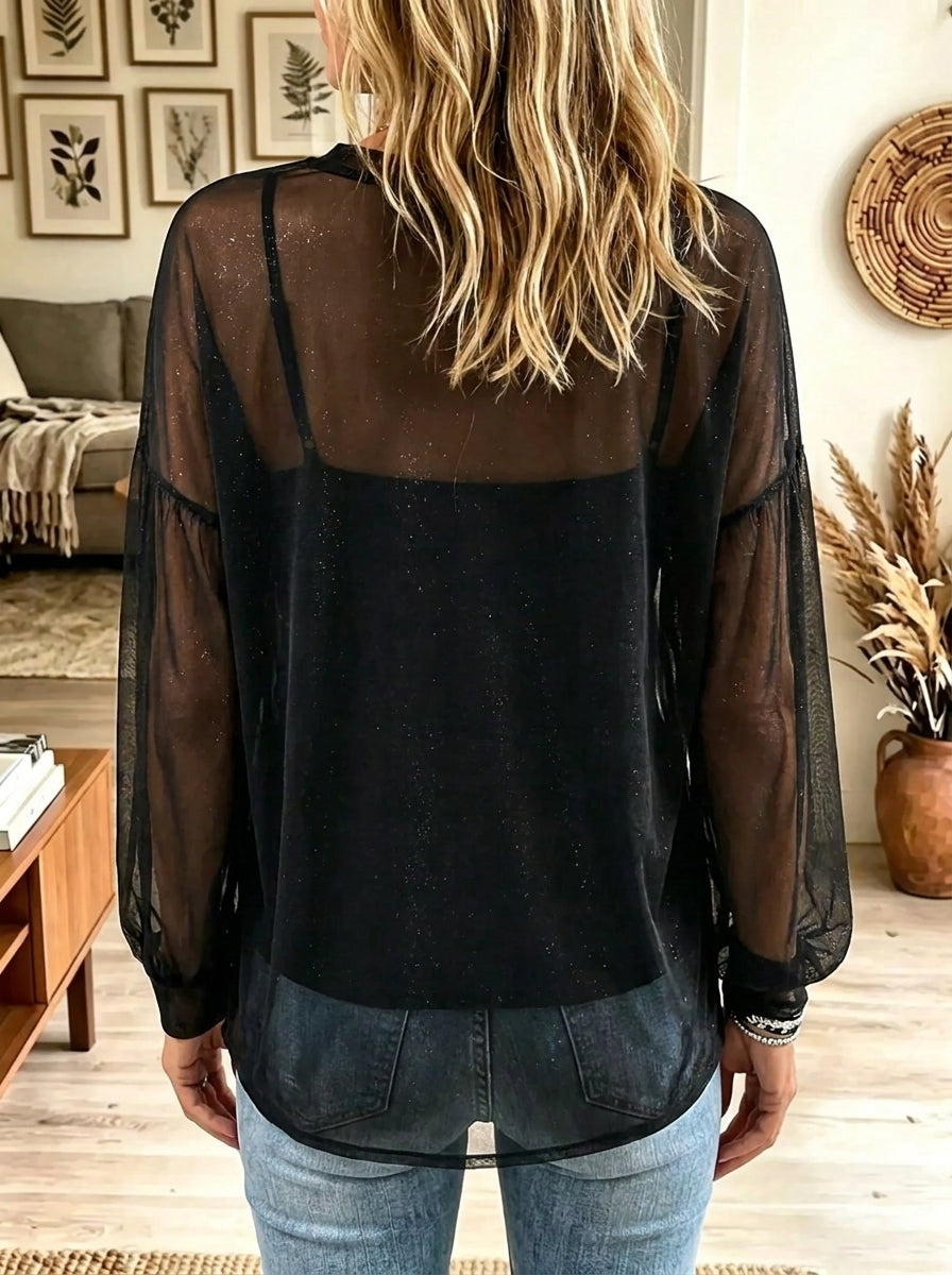 Women's Glitter Sheer Mesh Layered Lantern Sleeve Top