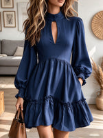 Women's Navy Blue Mock Neck Keyhole Long Sleeve Ruffle Tiered Mini Dress