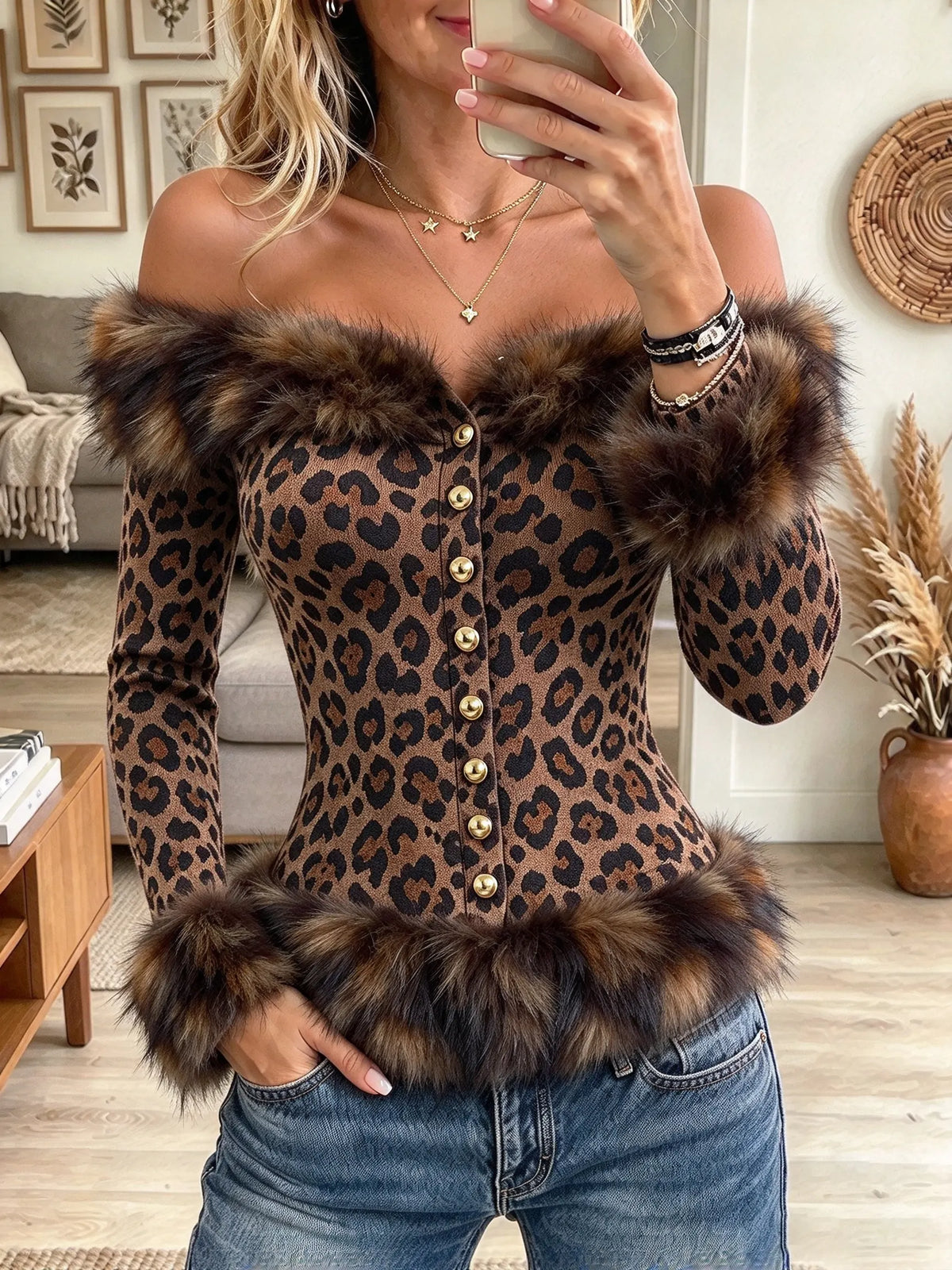 Women's Leopard Off-the-Shoulder Faux Fur Corset Top