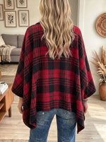 Women's Plaid Flannel Buttoned Pocket Poncho Cape