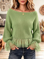 Vintage Elegant Knitted Patchwork Ruffled Chiffon Sweater