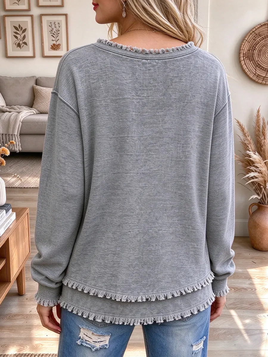 Women's Merry Christmas Santa Print Fringed V-neck Top