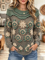 Women's Vintage Floral Print Crew-neck Knitted Sweater