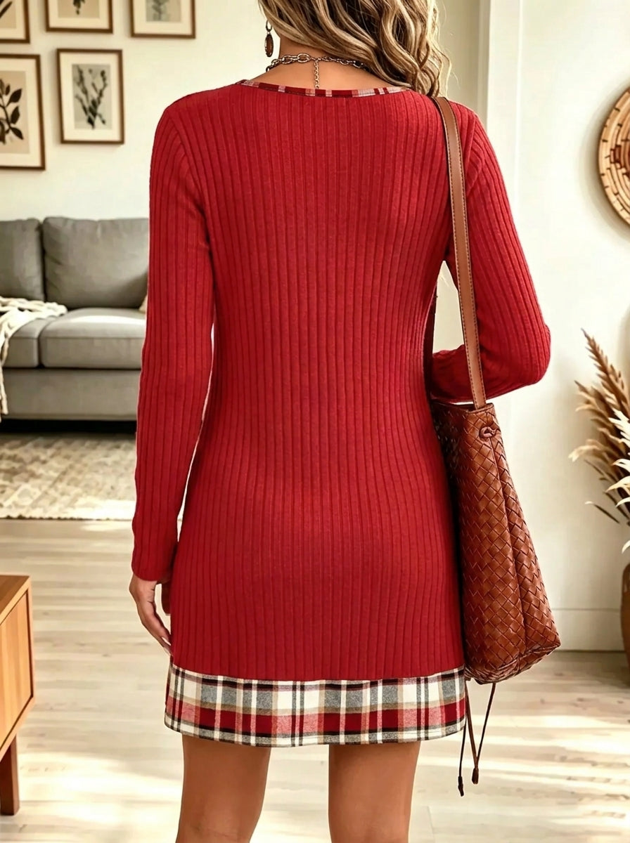 Women's Plaid Contrast Trim Ribbed Knit Mini Dress