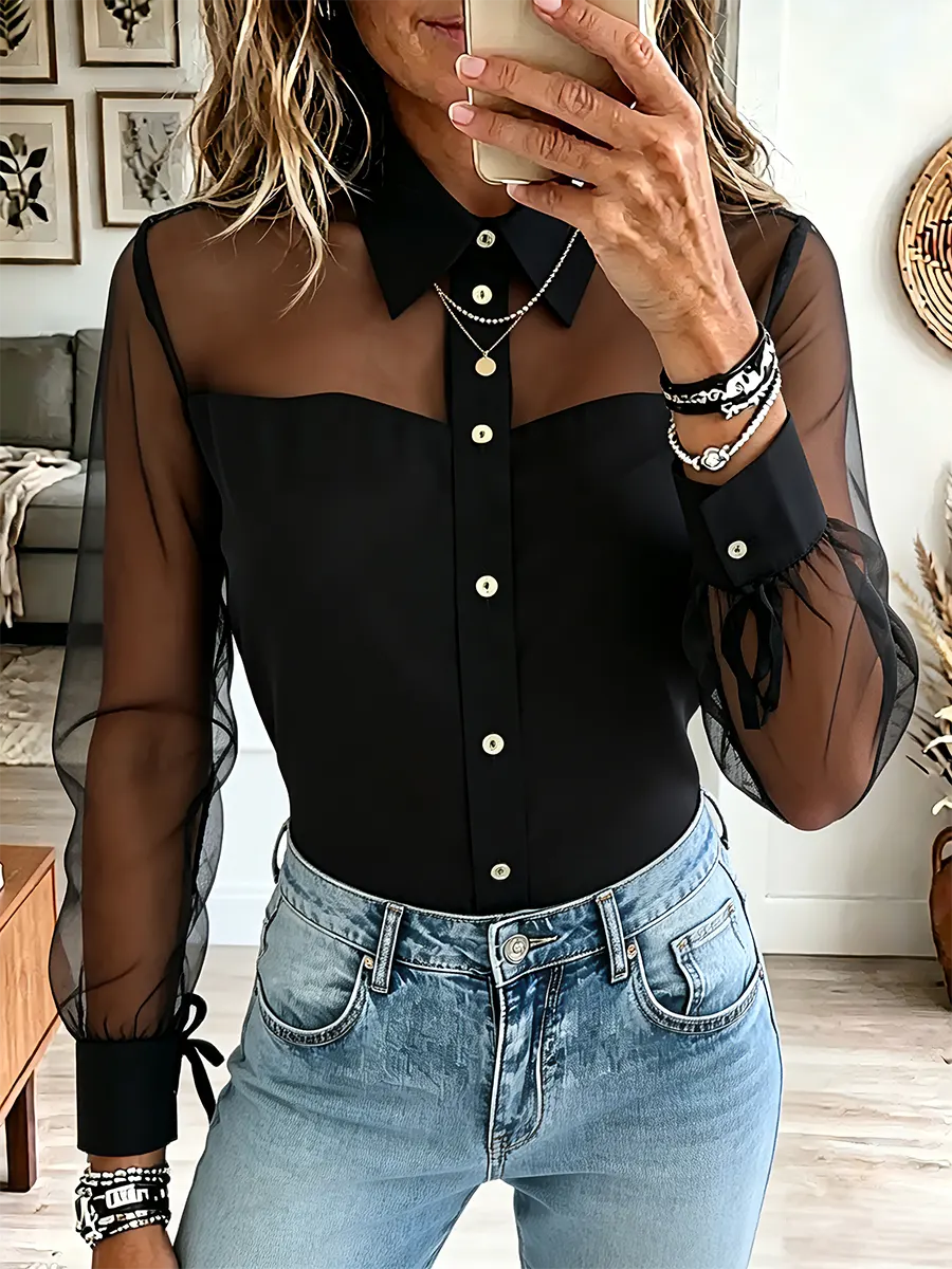 Vintage Elegant Sheer Mesh Patchwork Shirt