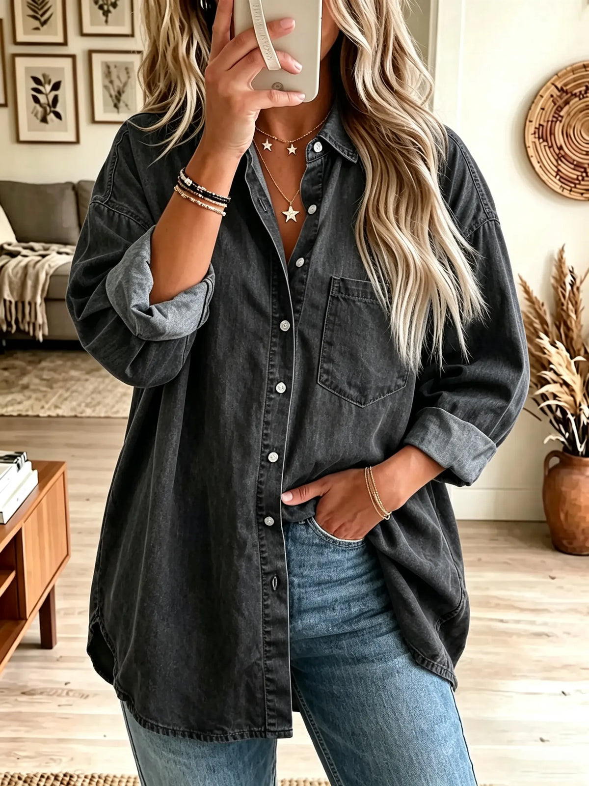 Women's Button-Down Denim Tunic Shirt