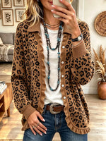 Women's Elegant Leopard Print Ruffled Collar Knit Cardigan