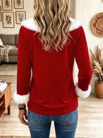 Santa Cocktail Print Furry Trim V Neck Christmas Long Sleeve Top