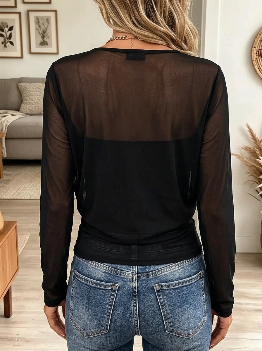 Women's Rhinestone Drape Neck Sheer Mesh Top
