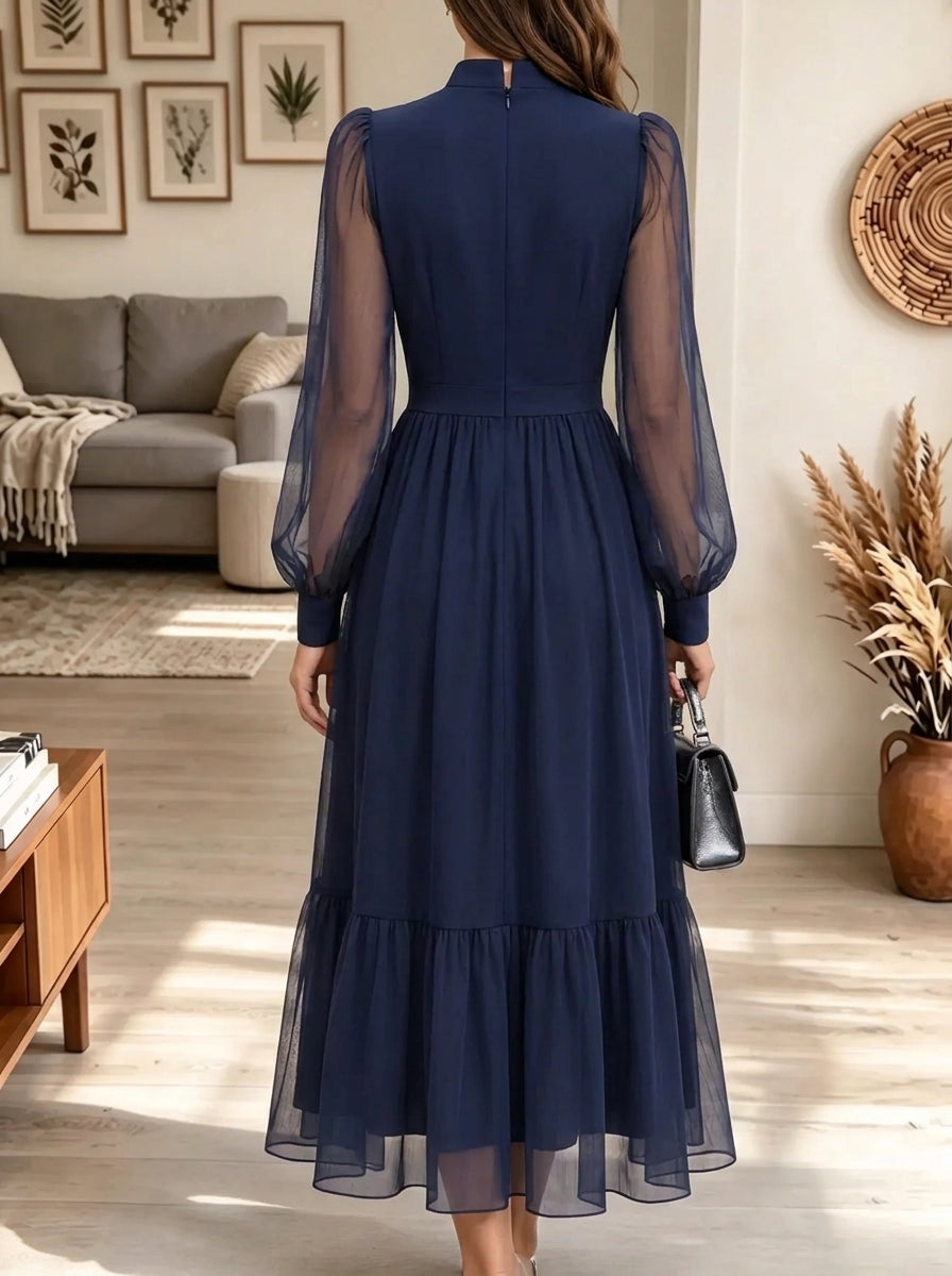 Women's Sheer Lantern Sleeve Button-Front Maxi Dress
