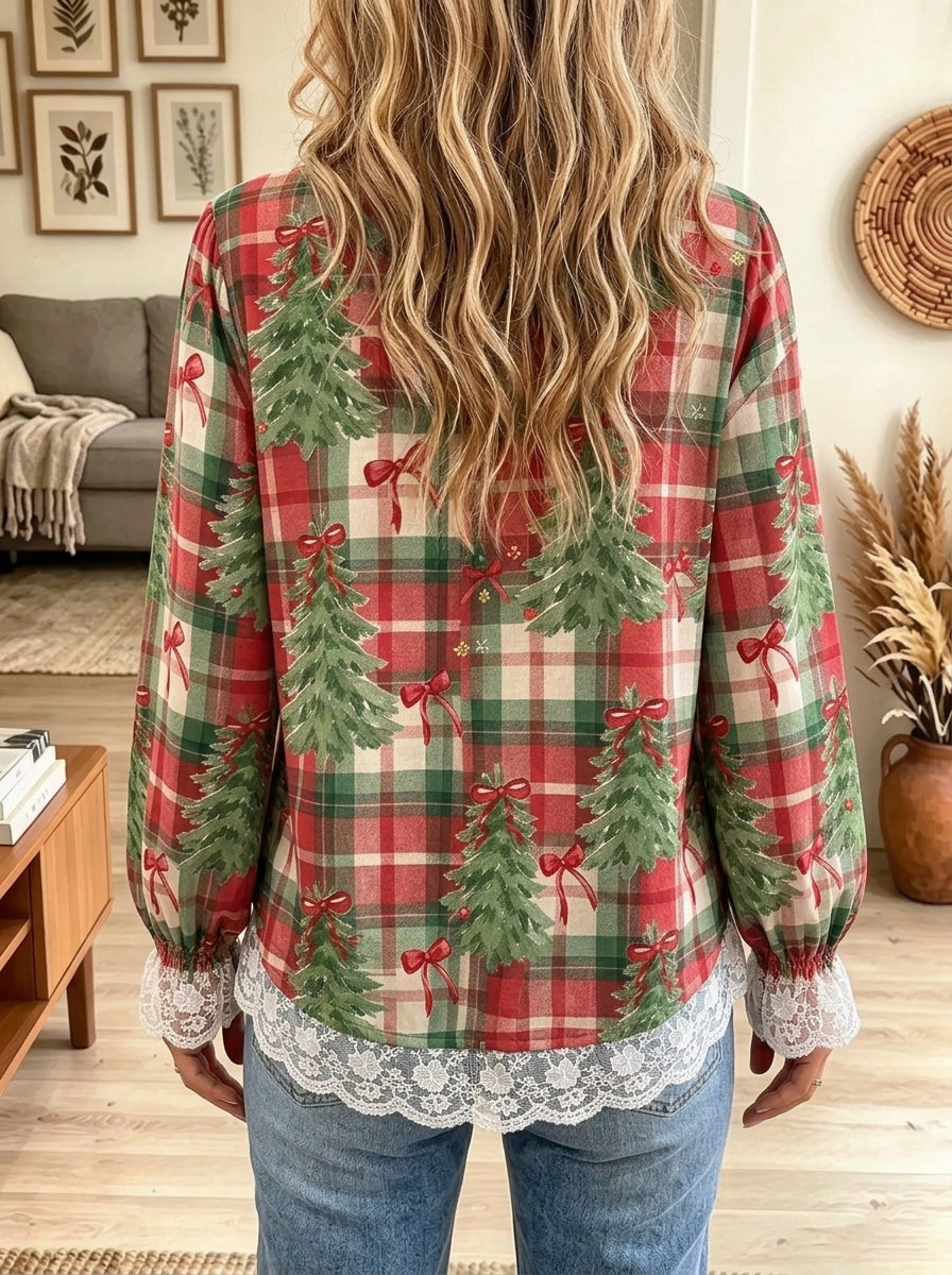 Women's Christmas Tree Plaid Lace Trim Blouse