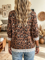Women's Leopard Print Crochet Lace Hem Sweater